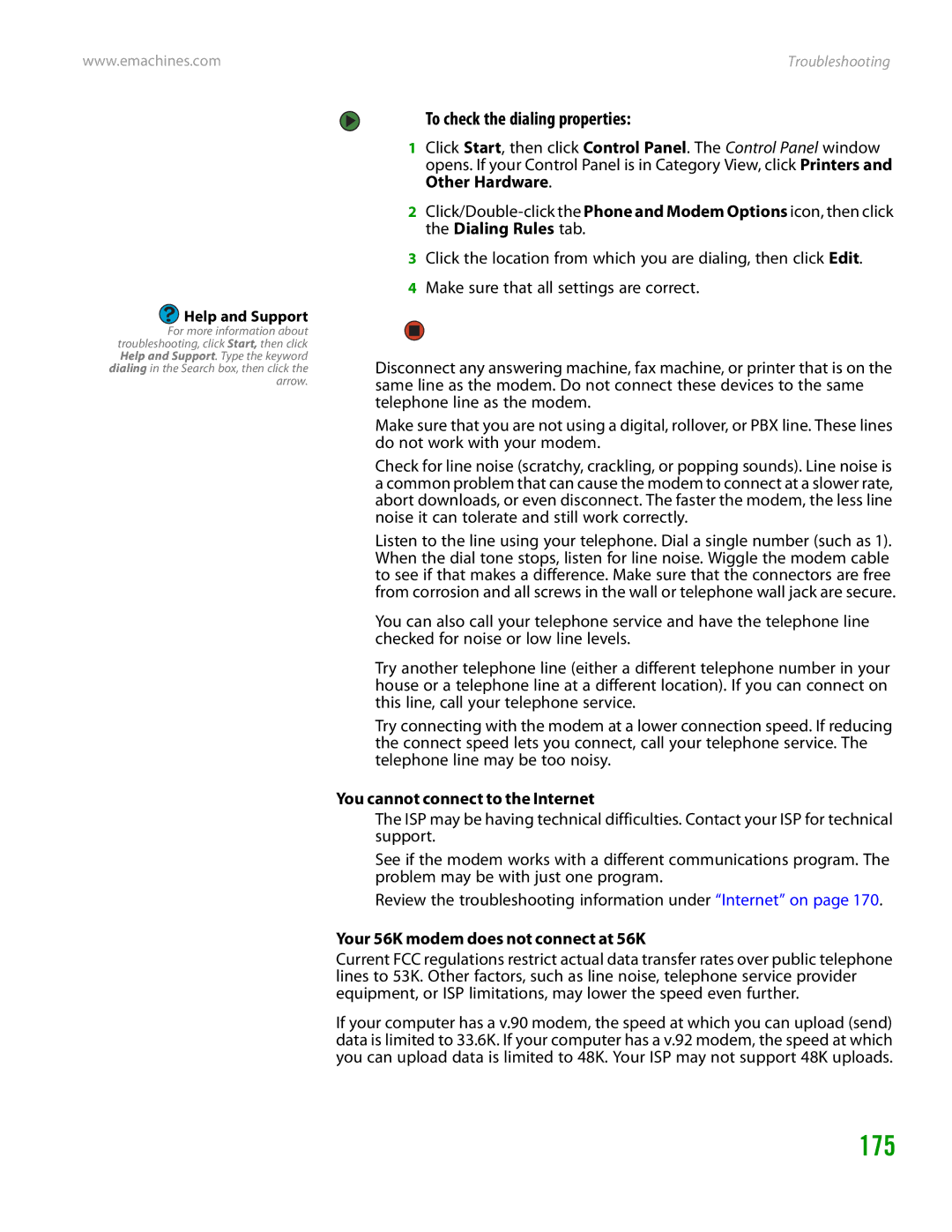 eMachines H3120 manual 175, To check the dialing properties, Your 56K modem does not connect at 56K 