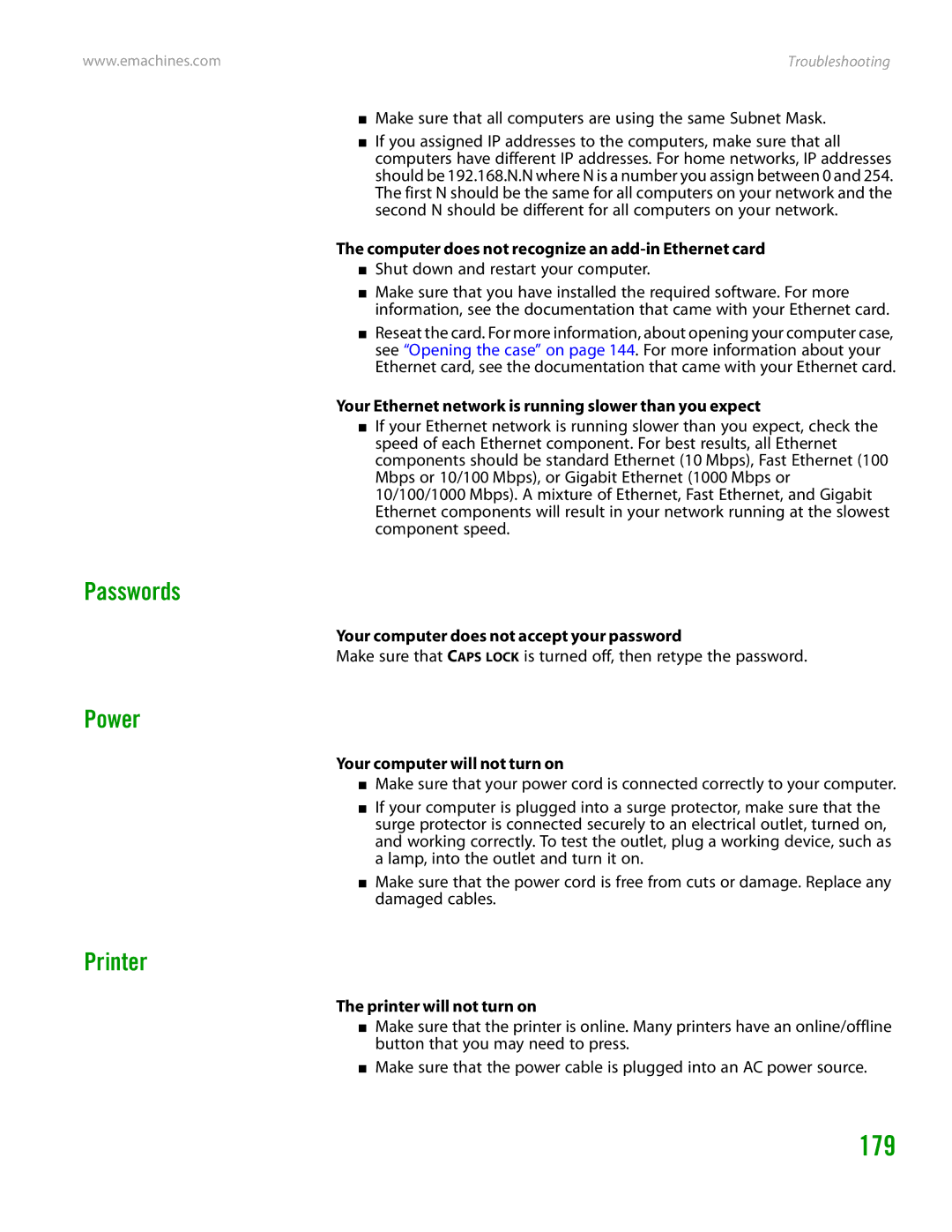 eMachines H3120 manual 179, Passwords, Power, Printer 