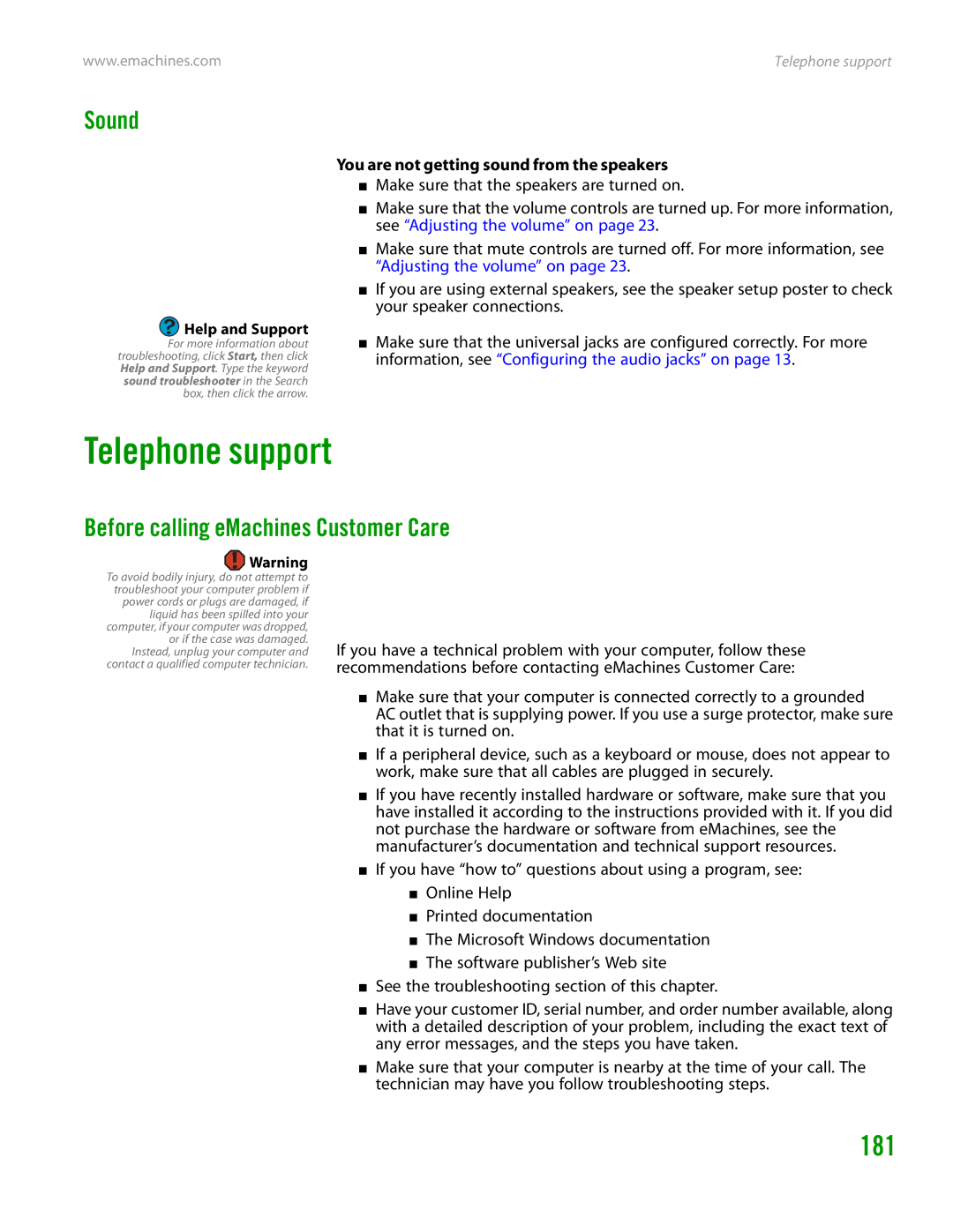 eMachines H3120 manual Telephone support, 181, Sound, Before calling eMachines Customer Care 