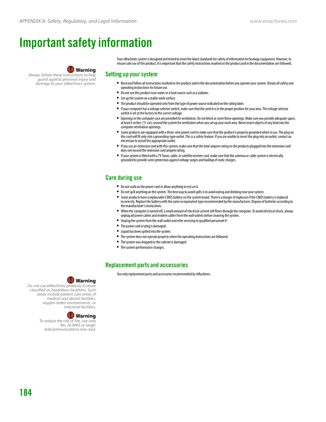 eMachines H3120 manual Important safety information, 184, Setting up your system, Care during use 