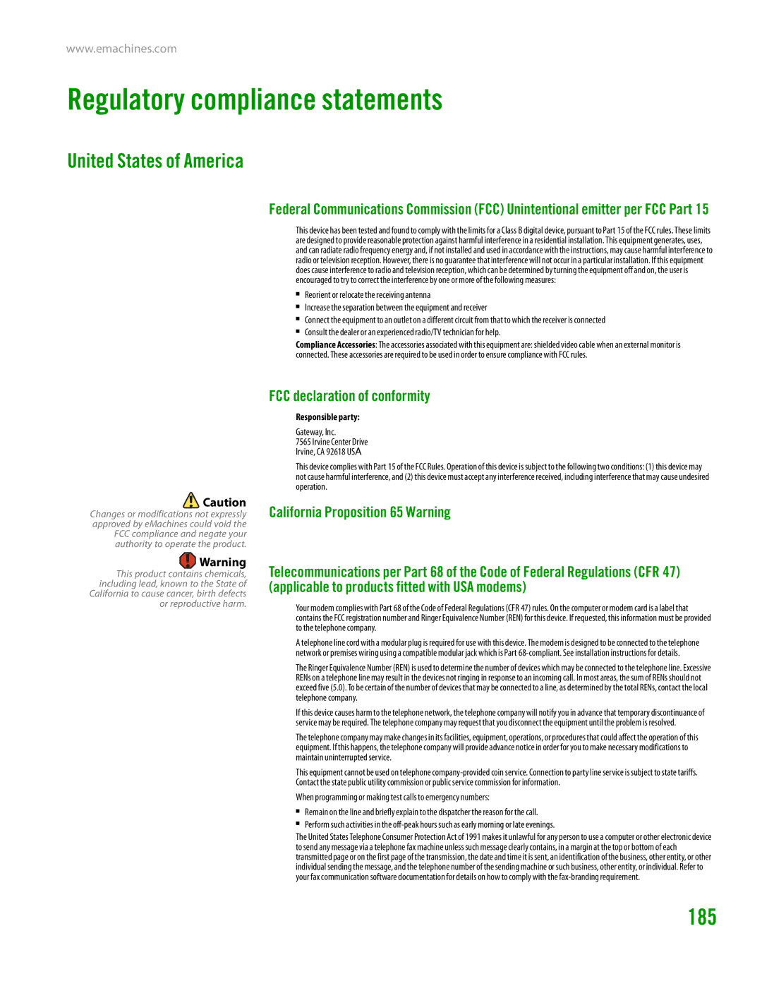 eMachines H3120 manual Regulatory compliance statements, 185, United States of America, FCC declaration of conformity 