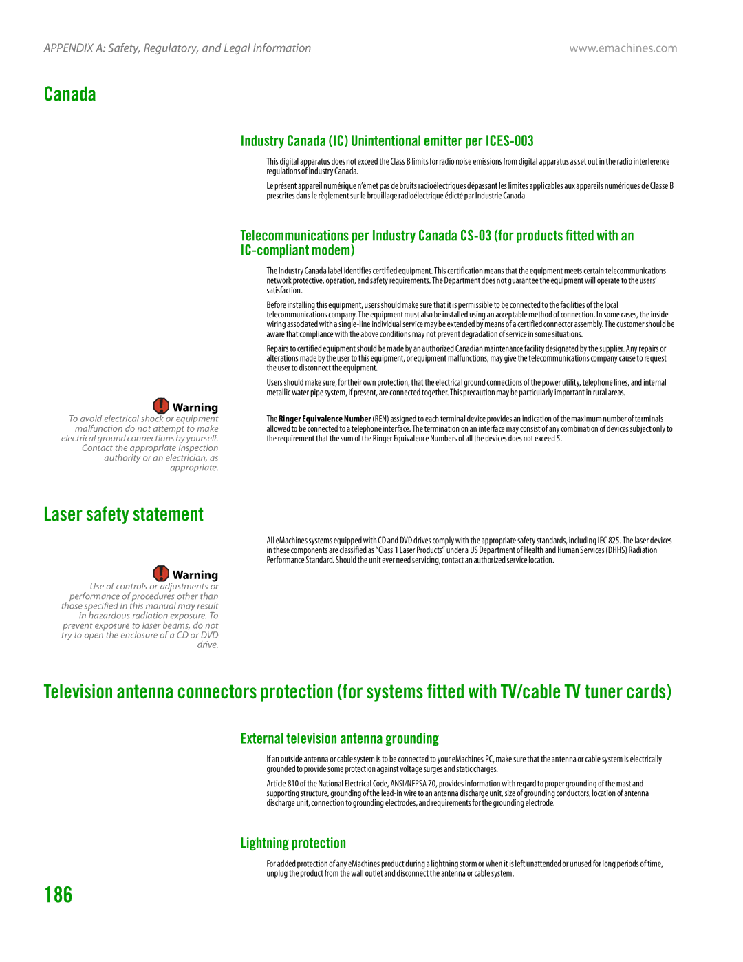 eMachines H3120 manual 186, Canada, Laser safety statement 