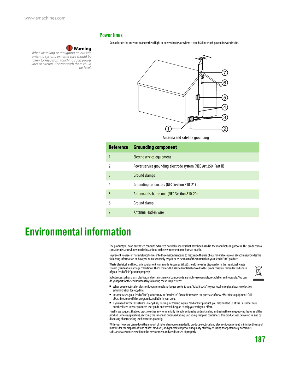 eMachines H3120 manual Environmental information, 187, Power lines, Reference Grounding component 