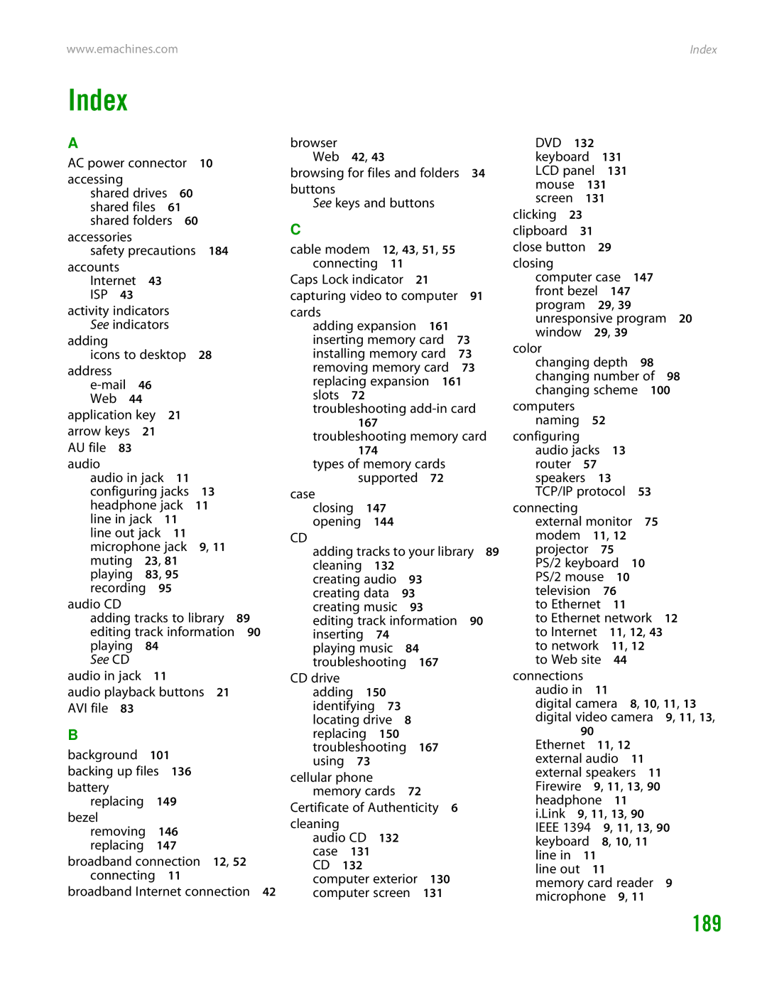 eMachines H3120 manual Index, 189 