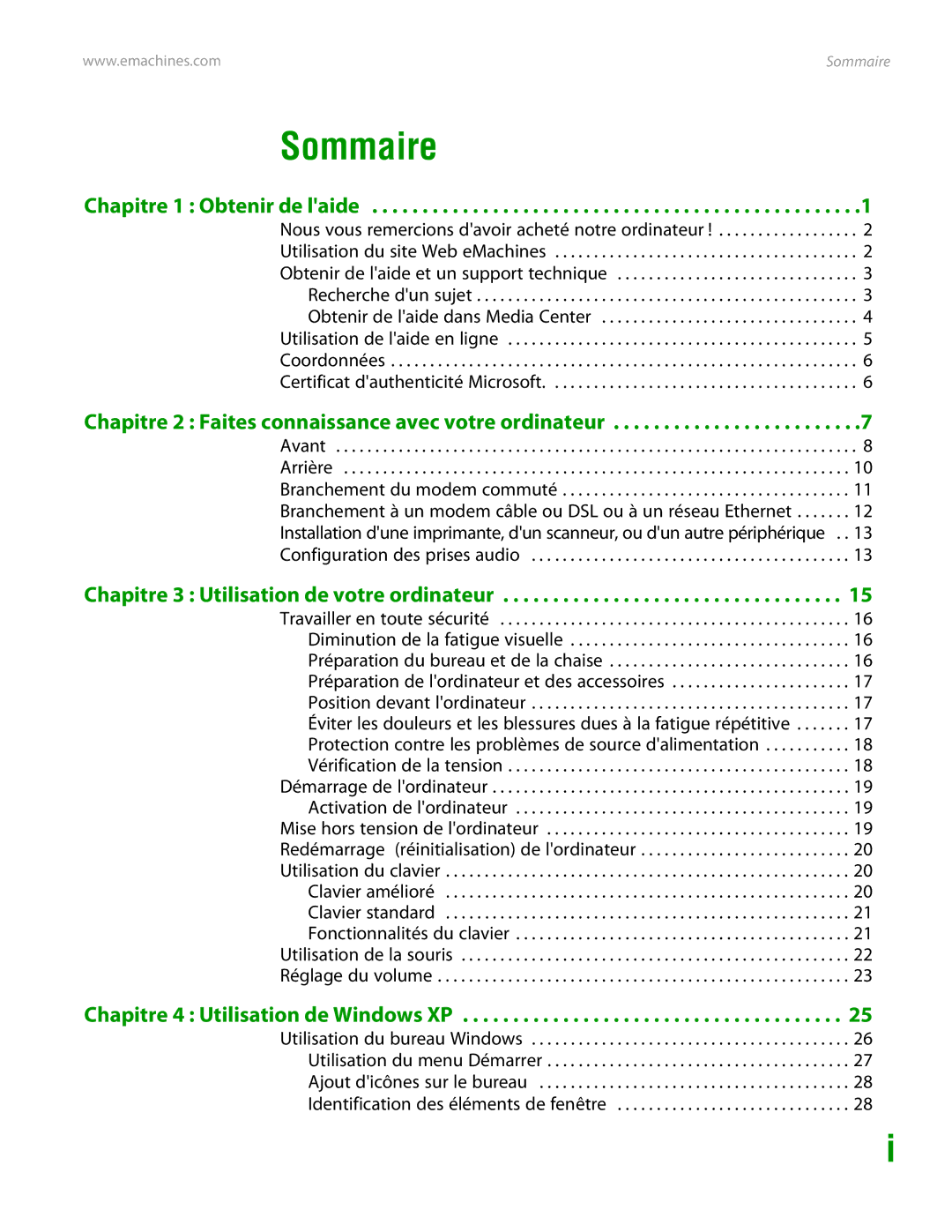 eMachines H3120 manual Sommaire, Chapitre 1 Obtenir de laide 