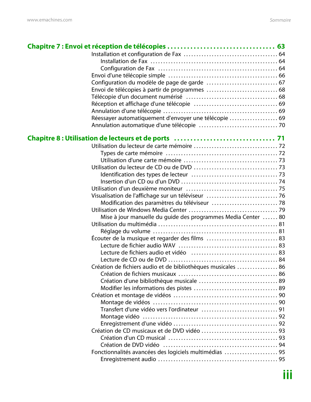 eMachines H3120 manual Iii, Chapitre 8 Utilisation de lecteurs et de ports 