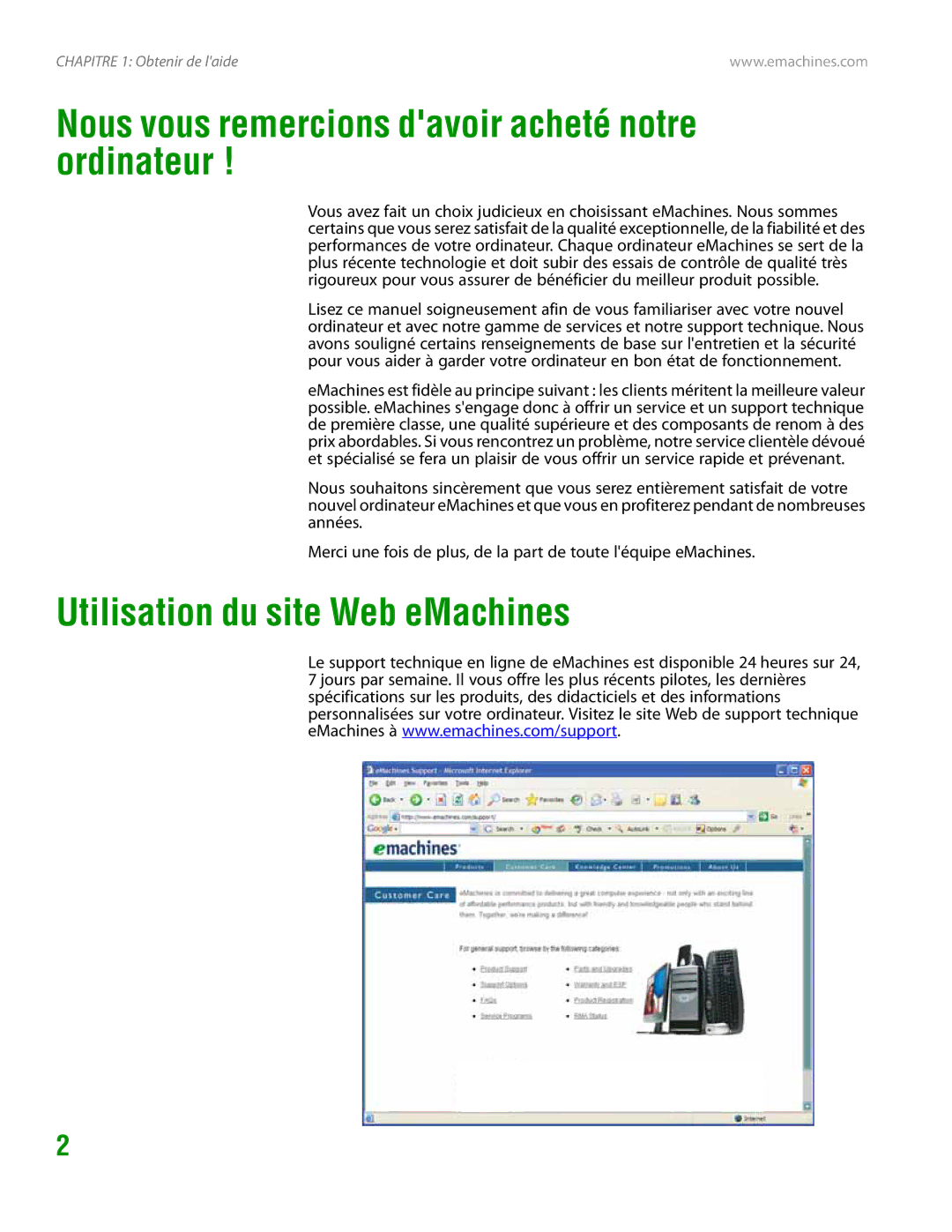 eMachines H3120 manual Nous vous remercions davoir acheté notre ordinateur, Utilisation du site Web eMachines 