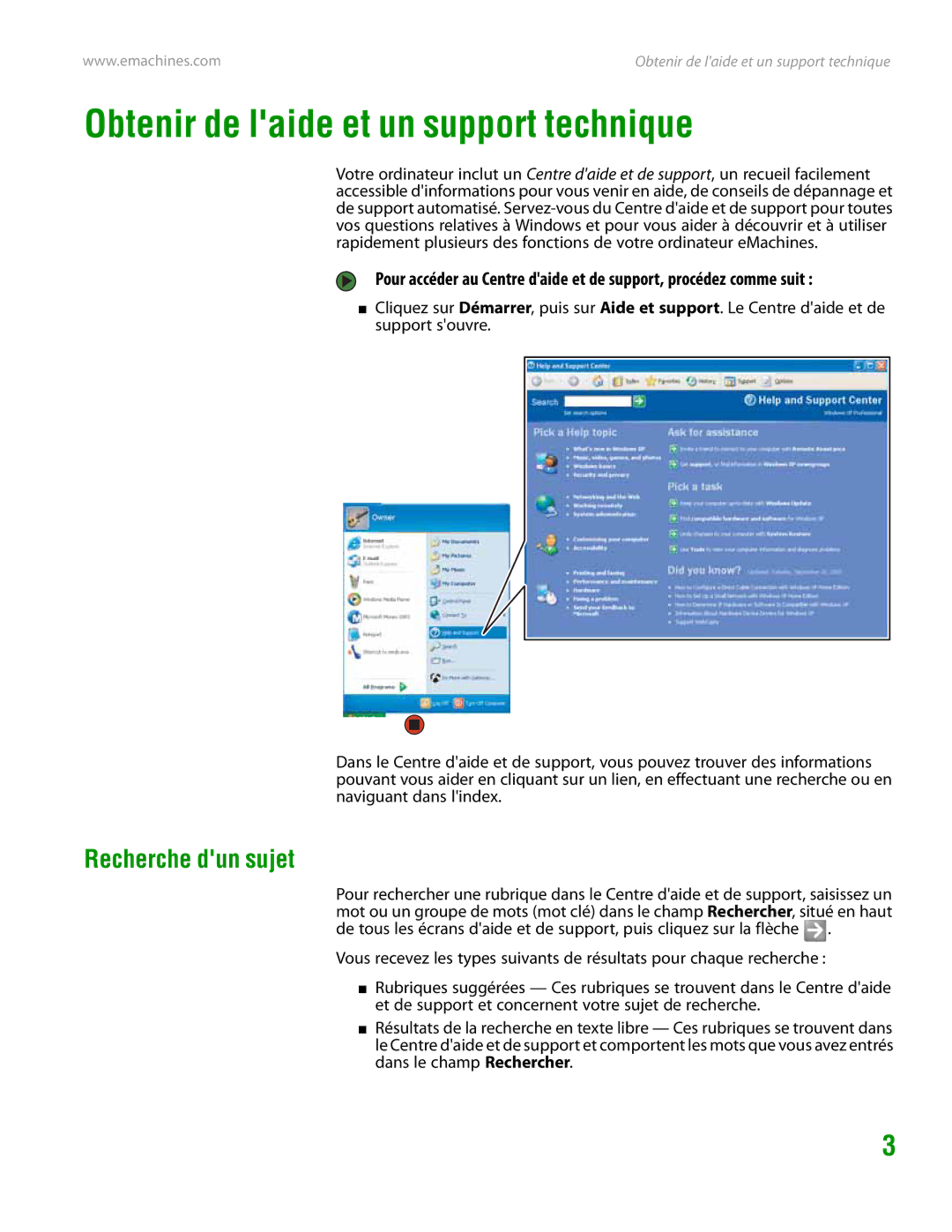 eMachines H3120 manual Obtenir de laide et un support technique, Recherche dun sujet 