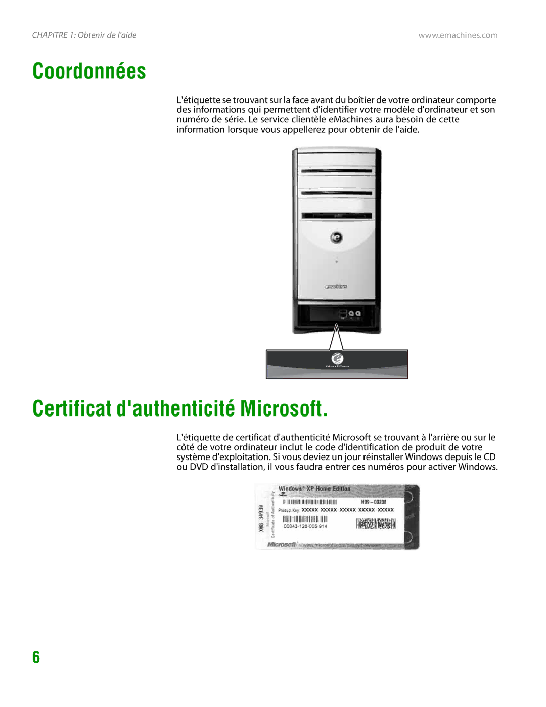 eMachines H3120 manual Coordonnées, Certificat dauthenticité Microsoft 