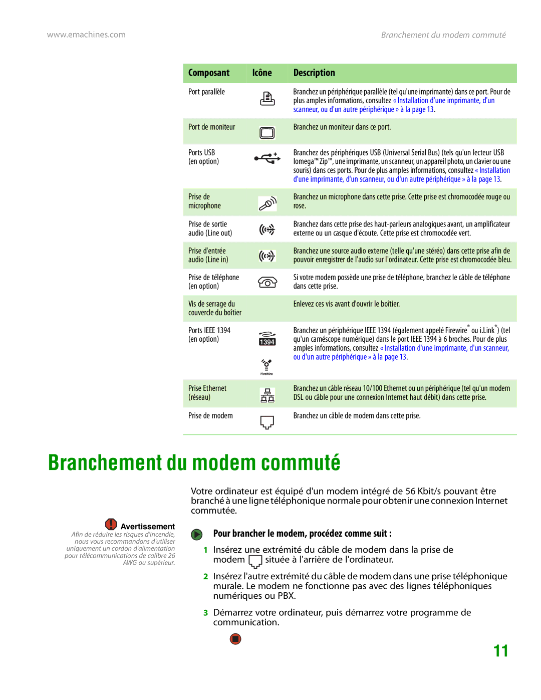 eMachines H3120 manual Branchement du modem commuté, Pour brancher le modem, procédez comme suit 