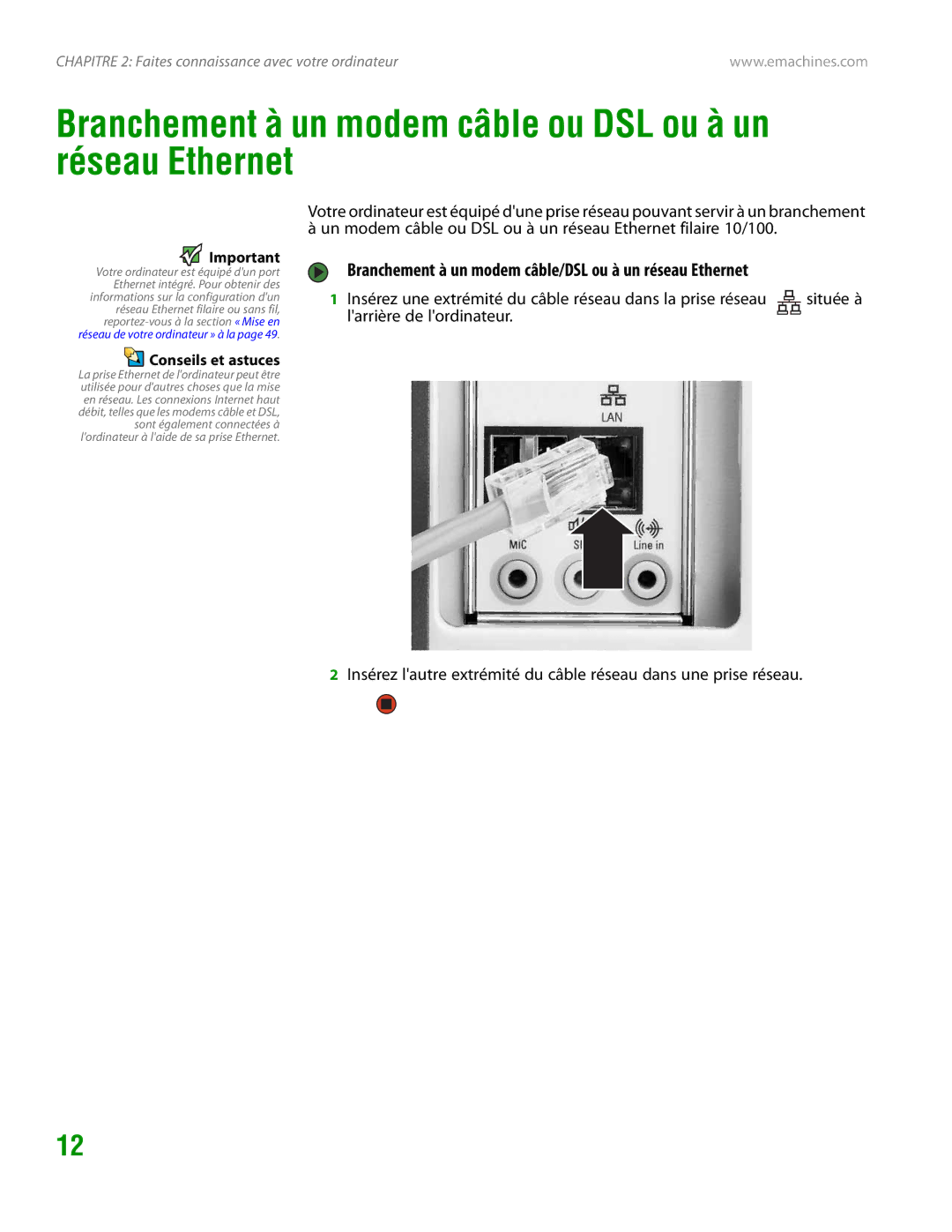 eMachines H3120 manual Branchement à un modem câble ou DSL ou à un réseau Ethernet 