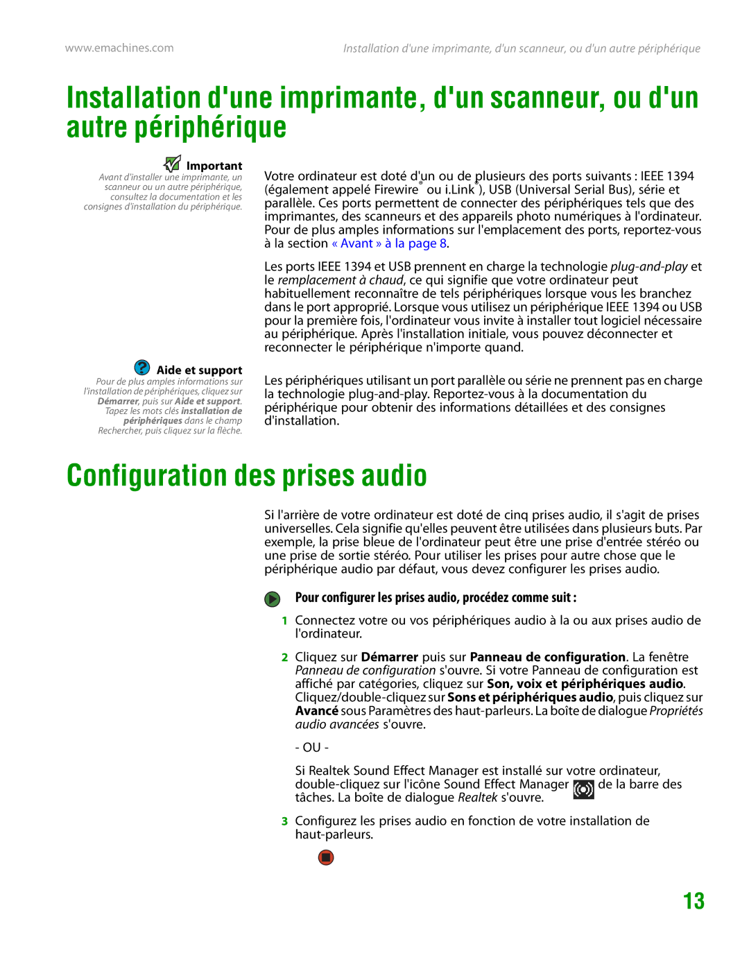 eMachines H3120 manual Configuration des prises audio, Pour configurer les prises audio, procédez comme suit 