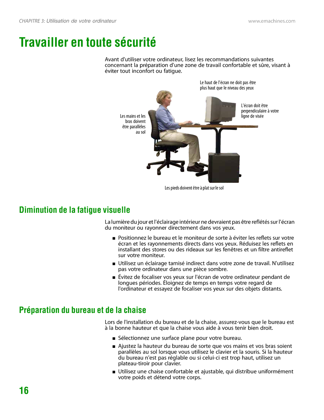 eMachines H3120 Travailler en toute sécurité, Diminution de la fatigue visuelle, Préparation du bureau et de la chaise 