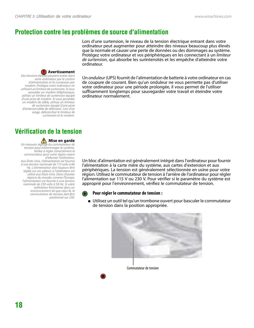 eMachines H3120 manual Protection contre les problèmes de source dalimentation, Vérification de la tension 