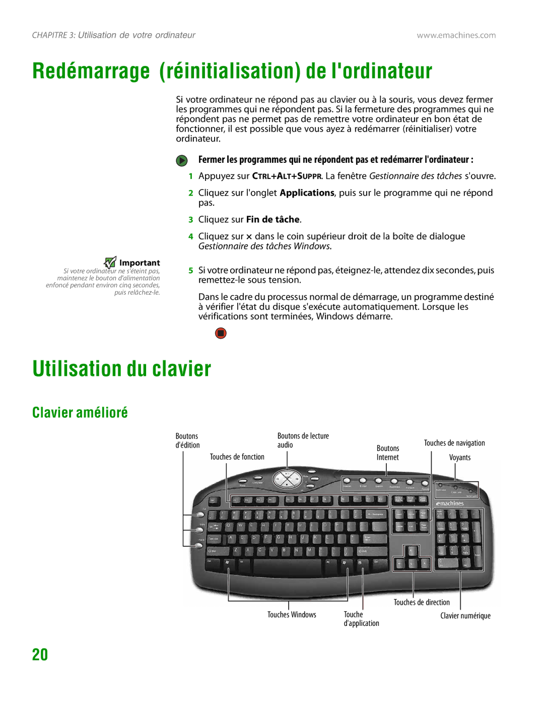 eMachines H3120 manual Redémarrage réinitialisation de lordinateur, Utilisation du clavier, Clavier amélioré 