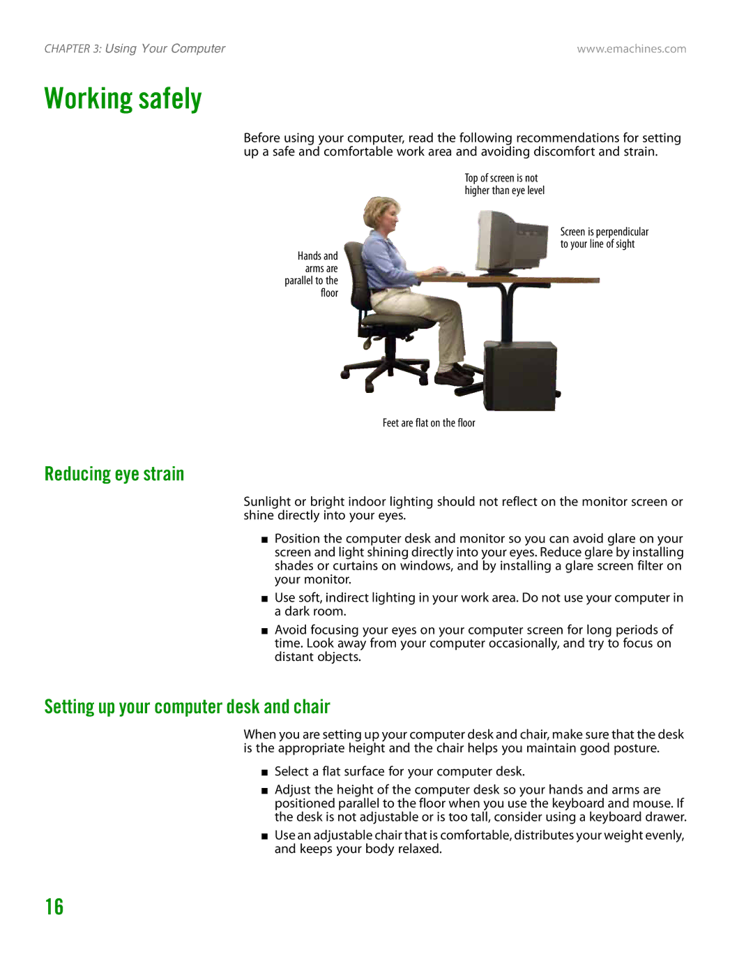 eMachines H3120 manual Working safely, Reducing eye strain, Setting up your computer desk and chair 