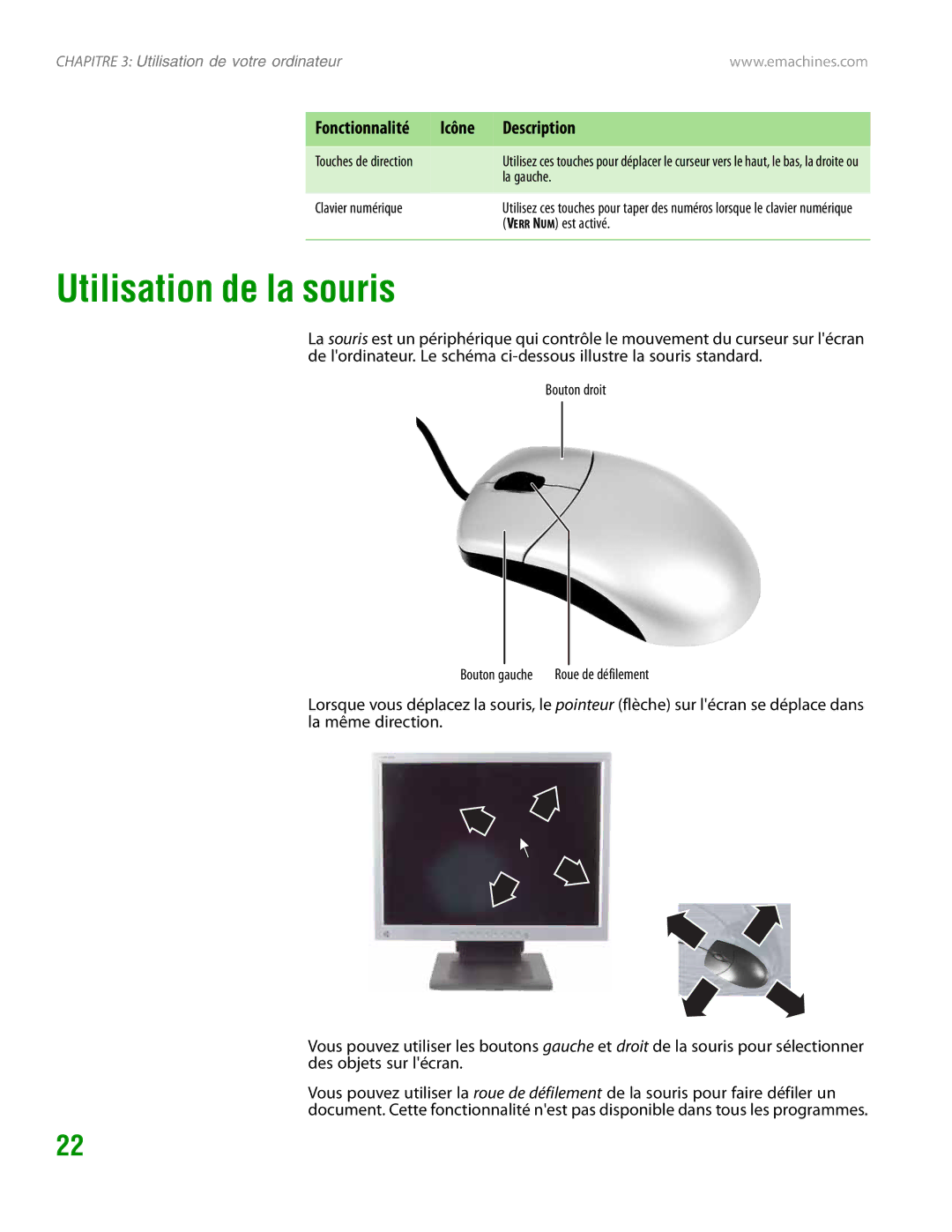 eMachines H3120 manual Utilisation de la souris, La gauche, Clavier numérique, ERR N UM est activé, Bouton droit 