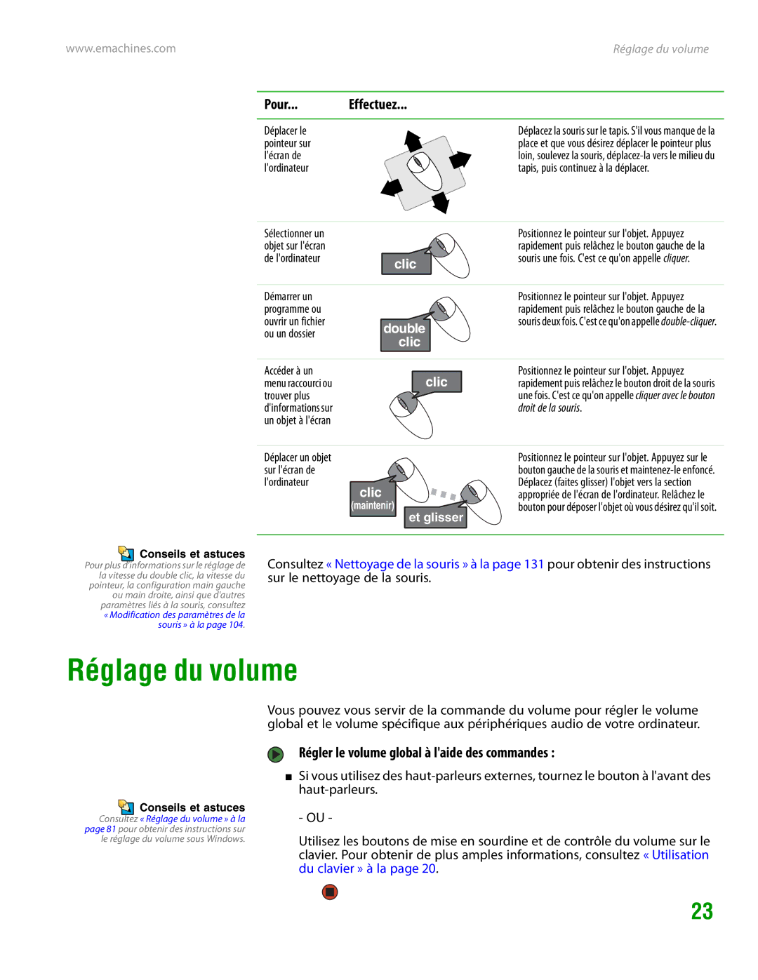 eMachines H3120 manual Réglage du volume, Pour Effectuez, Régler le volume global à laide des commandes 