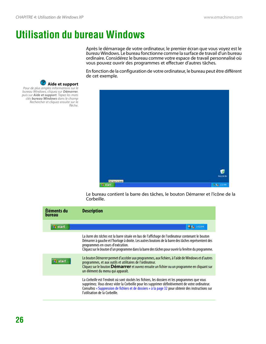eMachines H3120 manual Utilisation du bureau Windows, Éléments du Description Bureau 