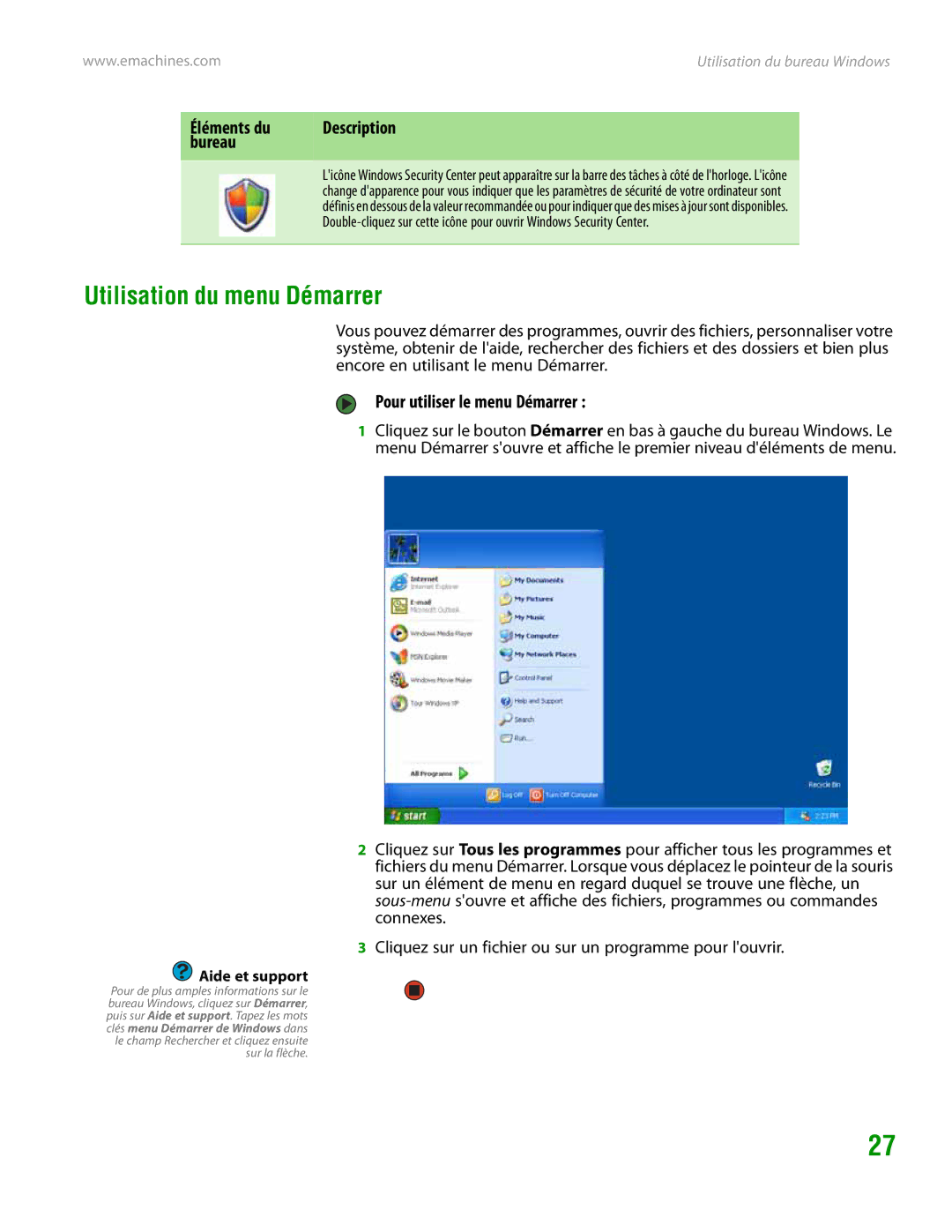 eMachines H3120 manual Utilisation du menu Démarrer, Pour utiliser le menu Démarrer 