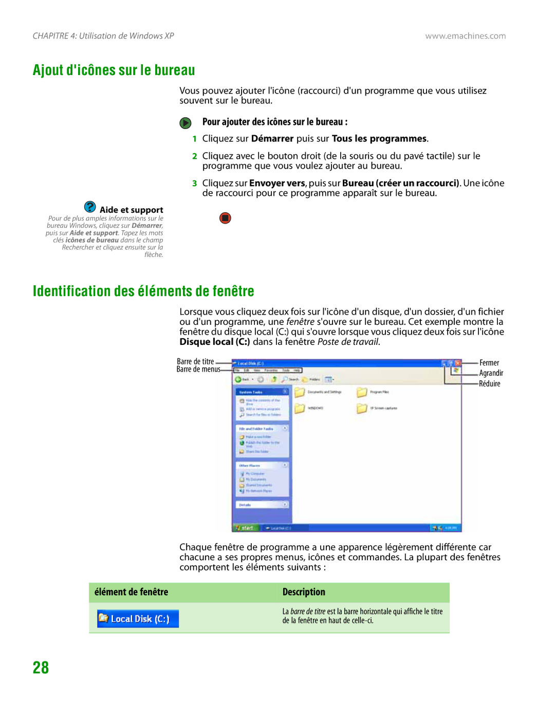 eMachines H3120 Ajout dicônes sur le bureau, Identification des éléments de fenêtre, Pour ajouter des icônes sur le bureau 