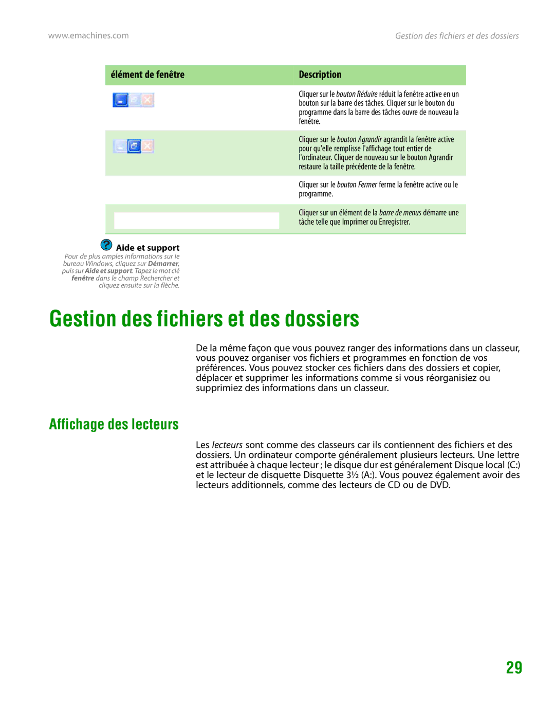 eMachines H3120 manual Gestion des fichiers et des dossiers, Affichage des lecteurs, Élément de fenêtre Description 