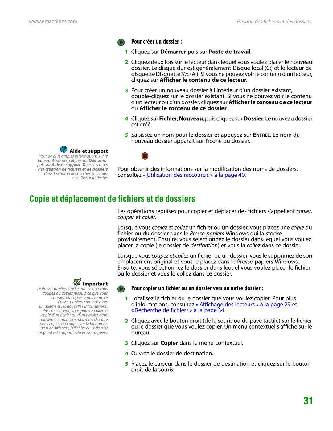 eMachines H3120 manual Copie et déplacement de fichiers et de dossiers, Pour créer un dossier 