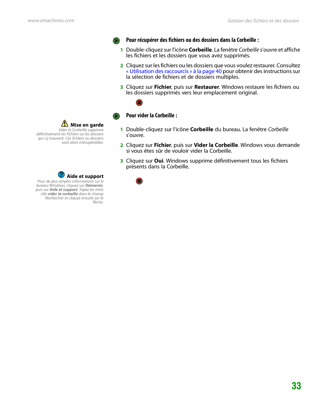 eMachines H3120 manual Pour vider la Corbeille 