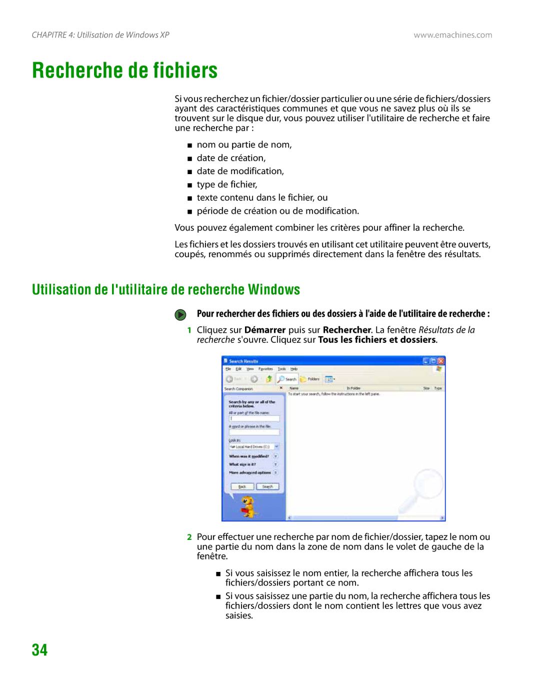 eMachines H3120 manual Recherche de fichiers, Utilisation de lutilitaire de recherche Windows 