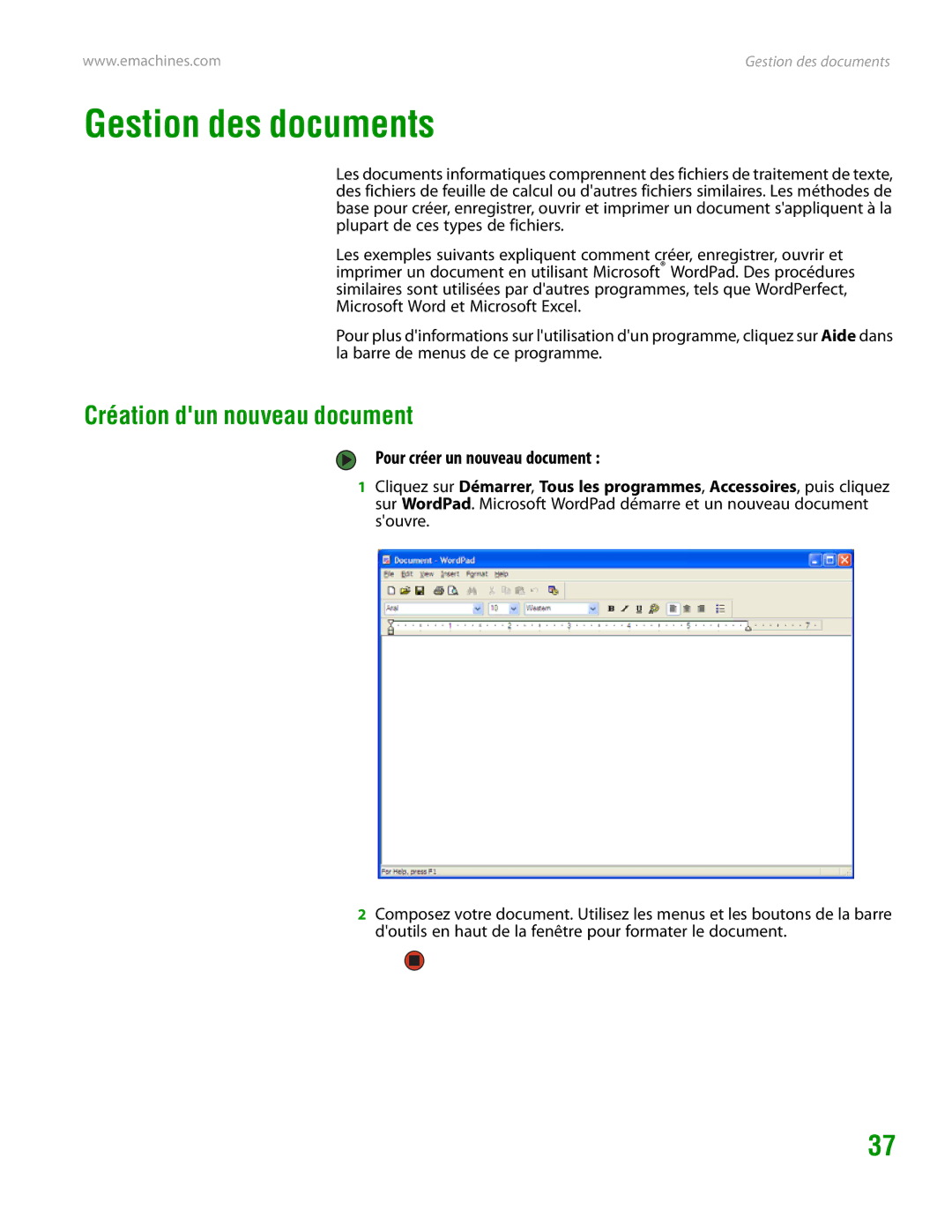 eMachines H3120 manual Gestion des documents, Création dun nouveau document, Pour créer un nouveau document 