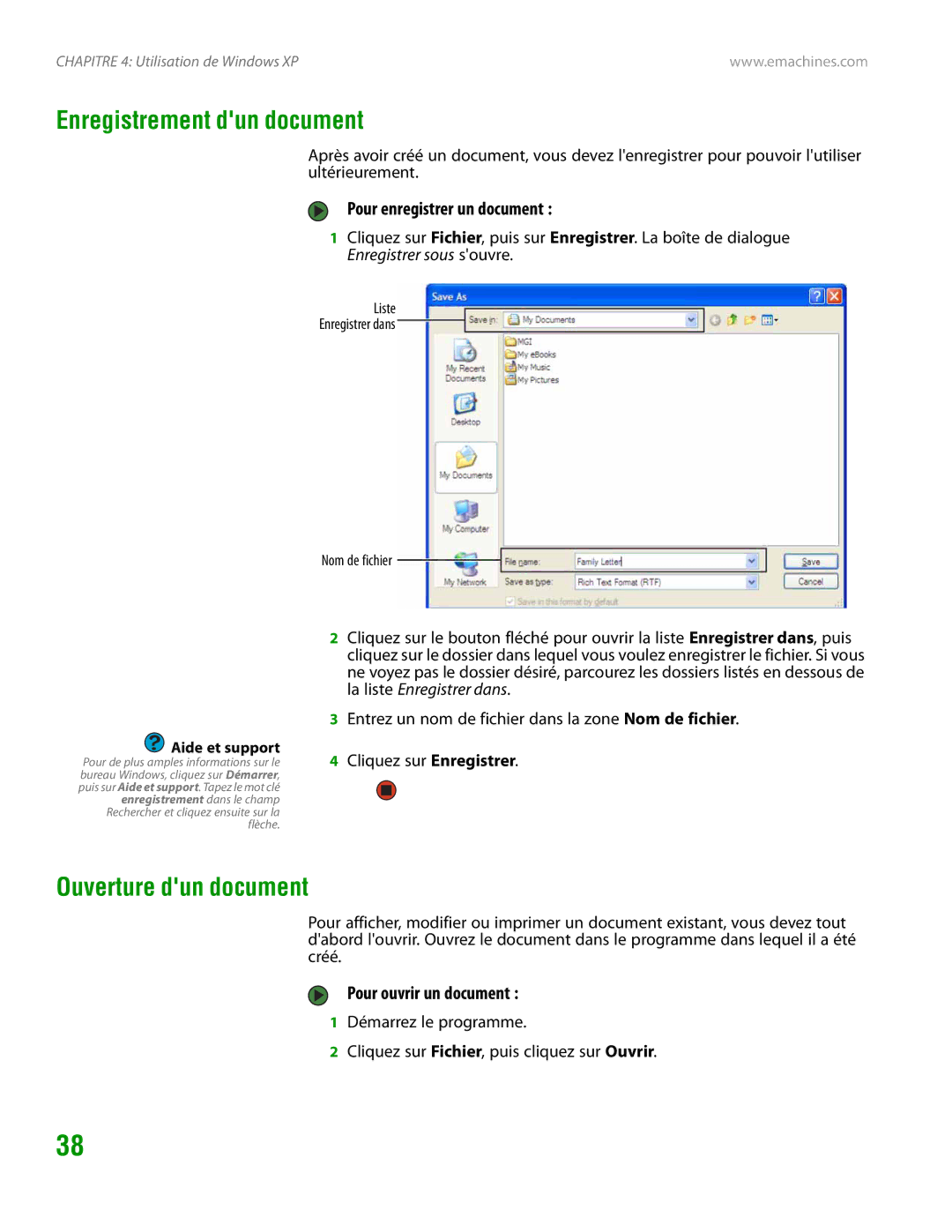 eMachines H3120 Enregistrement dun document, Ouverture dun document, Pour enregistrer un document, Pour ouvrir un document 