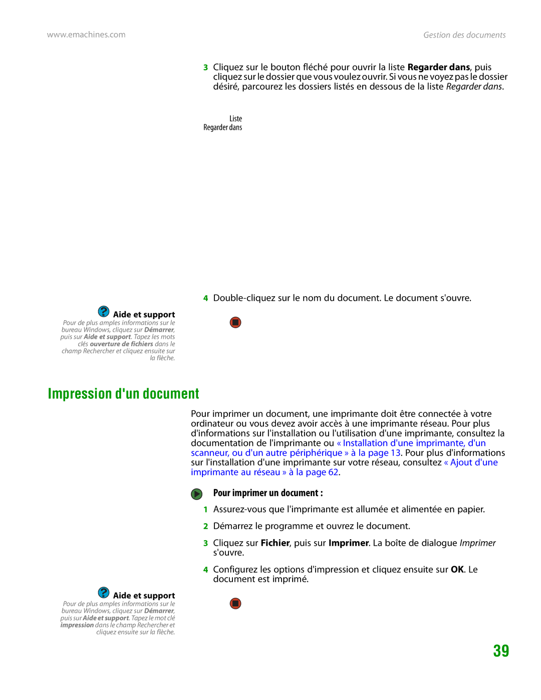 eMachines H3120 manual Impression dun document, Pour imprimer un document 