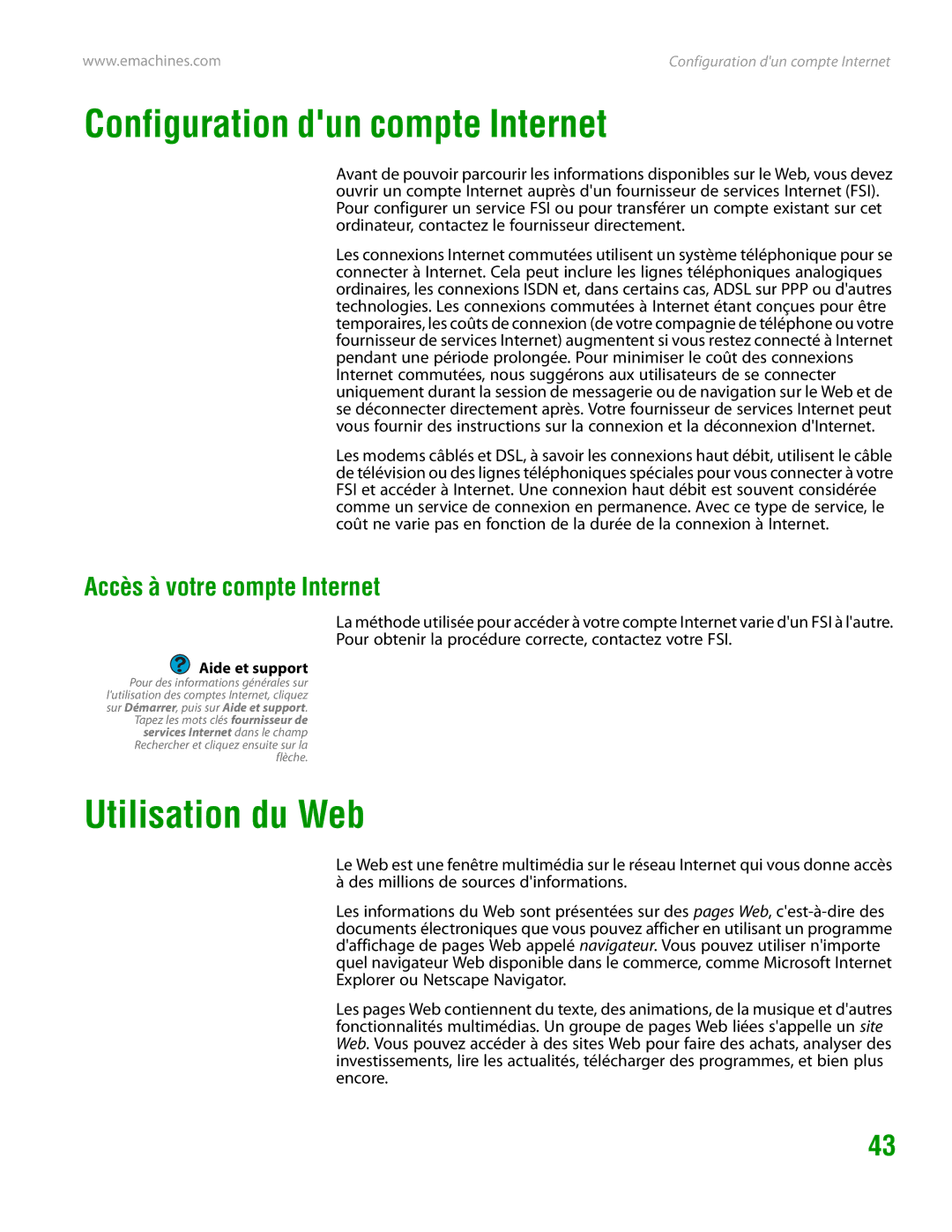 eMachines H3120 manual Configuration dun compte Internet, Utilisation du Web, Accès à votre compte Internet 