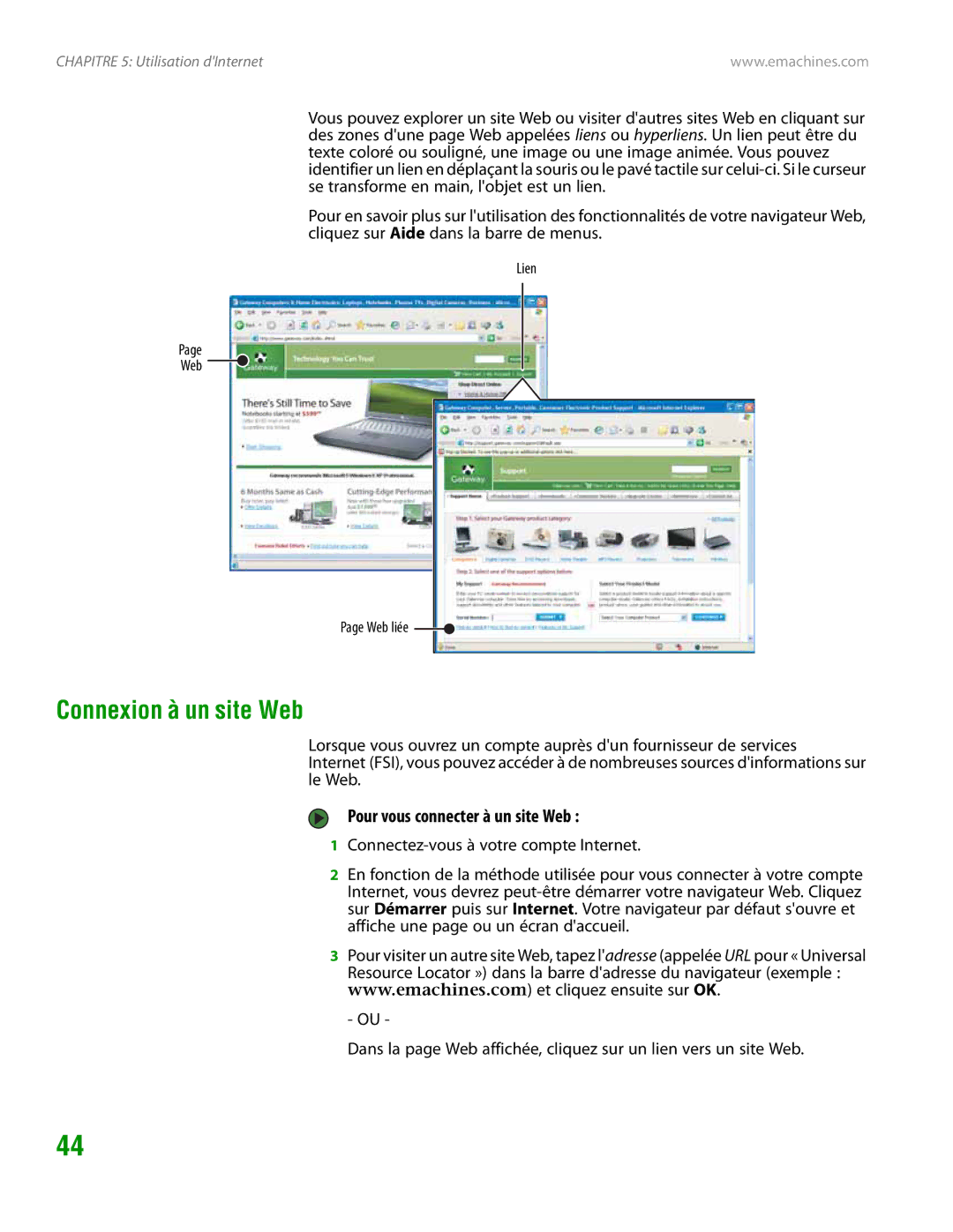 eMachines H3120 manual Connexion à un site Web, Pour vous connecter à un site Web, Lien Web Web liée 