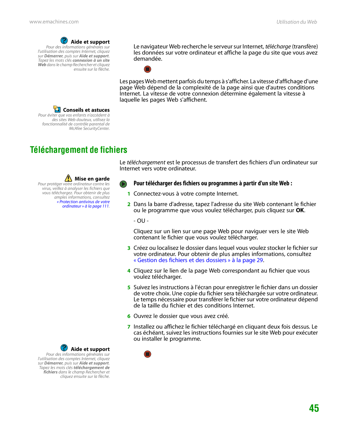 eMachines H3120 manual Téléchargement de fichiers, Connectez-vous à votre compte Internet 