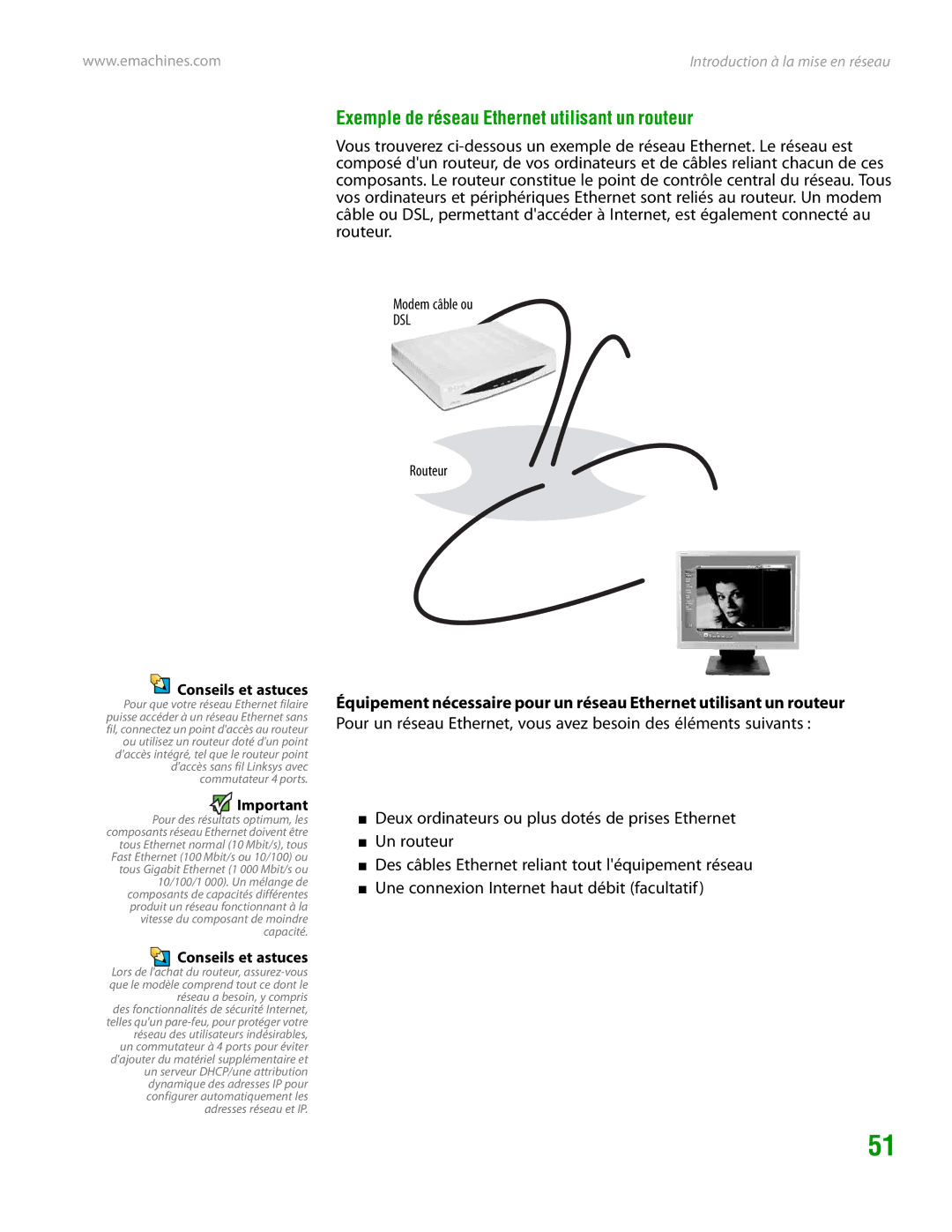 eMachines H3120 manual Exemple de réseau Ethernet utilisant un routeur, Modem câble ou, Routeur 