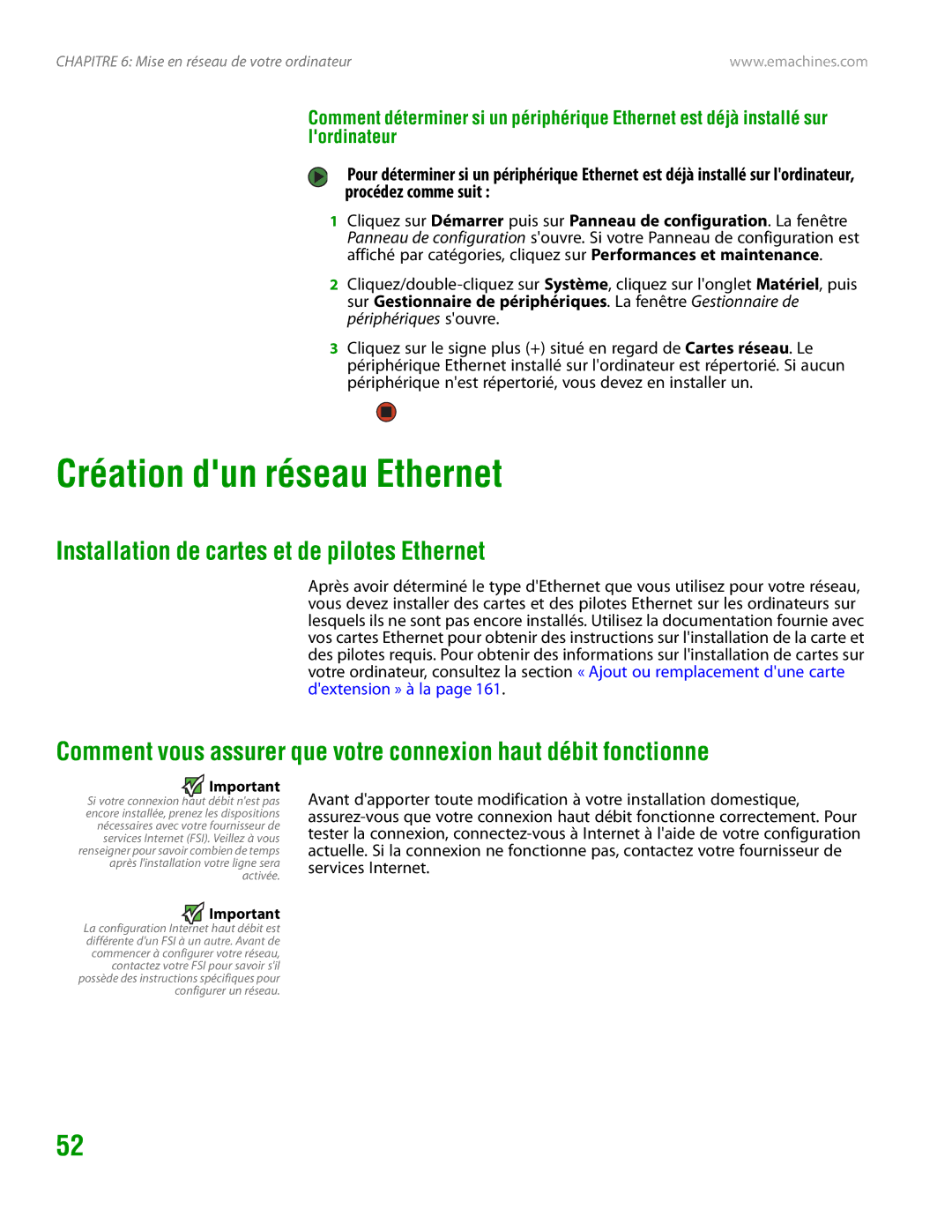 eMachines H3120 manual Création dun réseau Ethernet, Installation de cartes et de pilotes Ethernet 