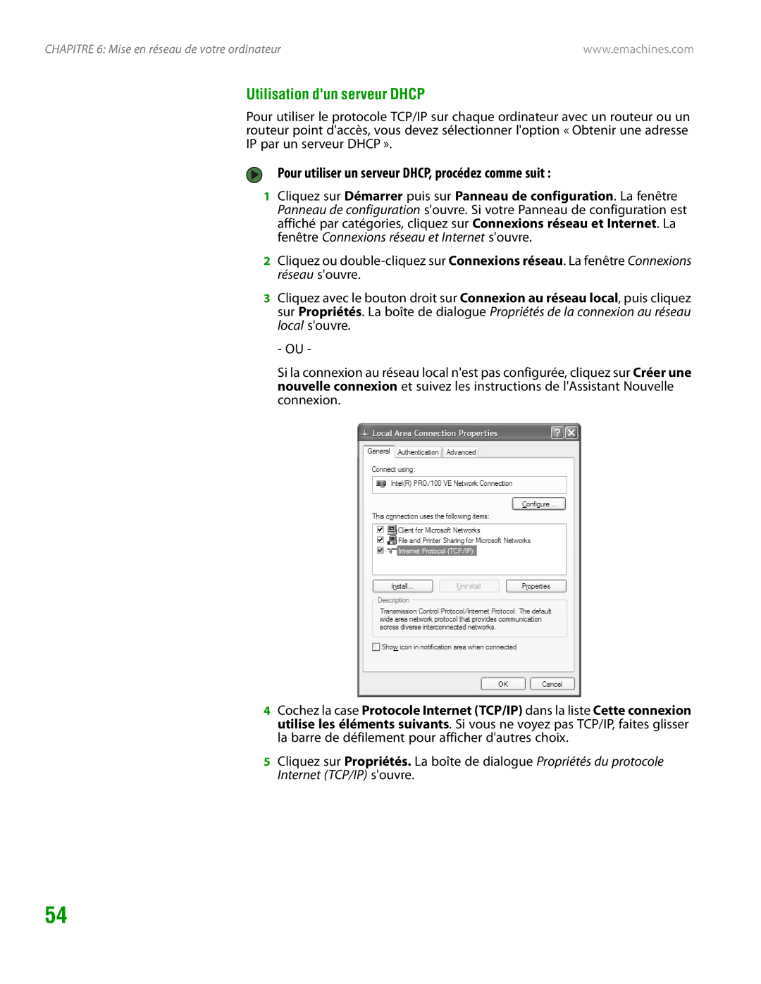 eMachines H3120 manual Utilisation dun serveur Dhcp, Pour utiliser un serveur DHCP, procédez comme suit 