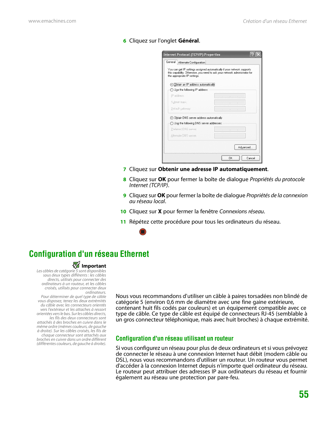 eMachines H3120 manual Configuration dun réseau Ethernet, Configuration dun réseau utilisant un routeur 