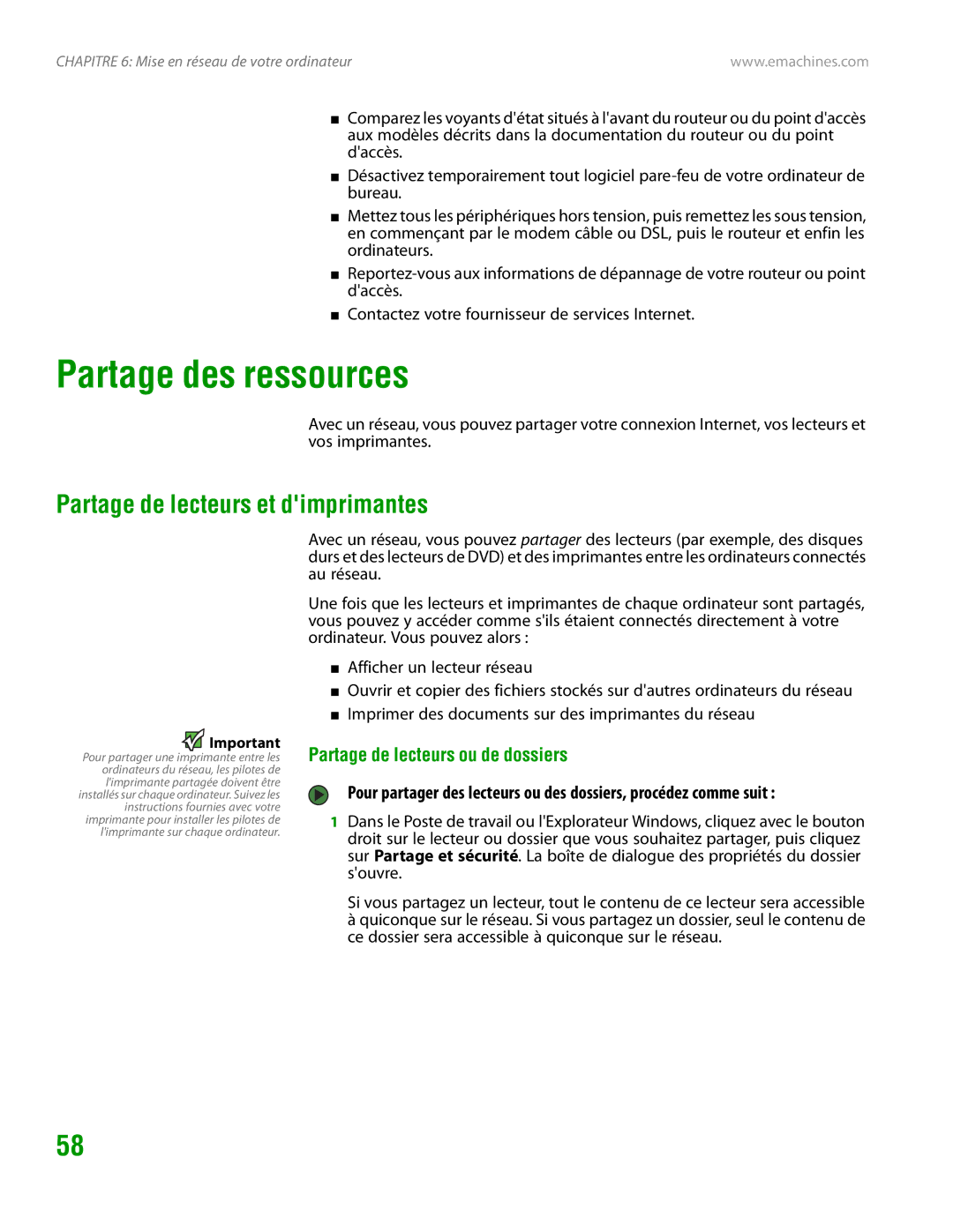 eMachines H3120 manual Partage des ressources, Partage de lecteurs et dimprimantes, Partage de lecteurs ou de dossiers 