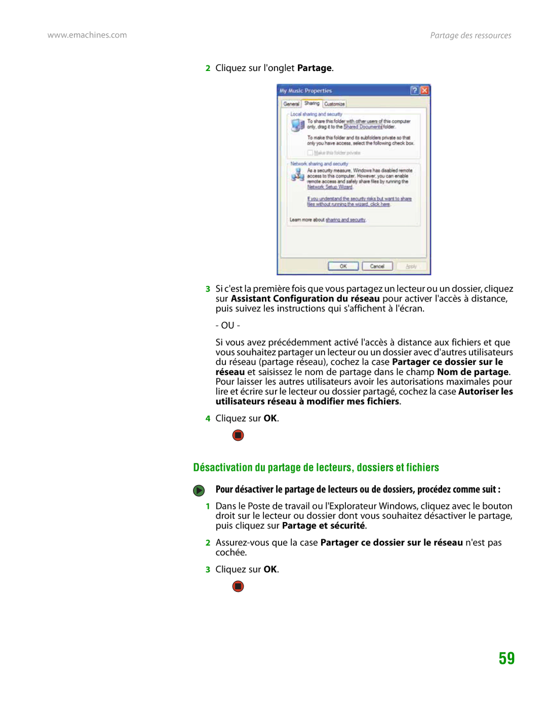 eMachines H3120 manual Désactivation du partage de lecteurs, dossiers et fichiers, Cliquez sur OK 