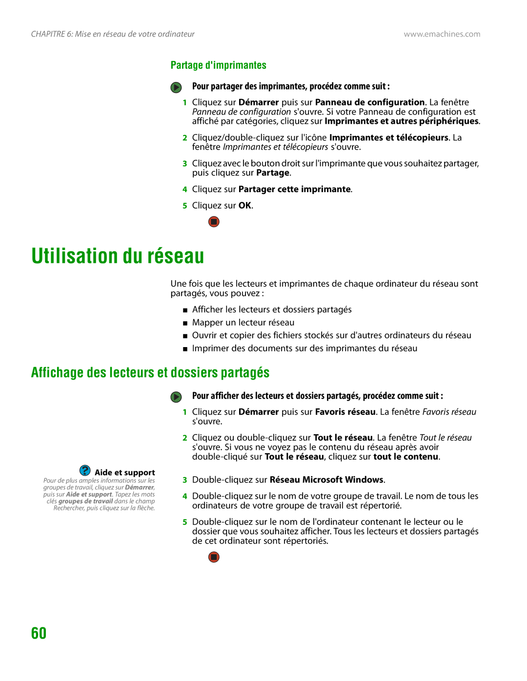 eMachines H3120 manual Utilisation du réseau, Affichage des lecteurs et dossiers partagés, Partage dimprimantes 