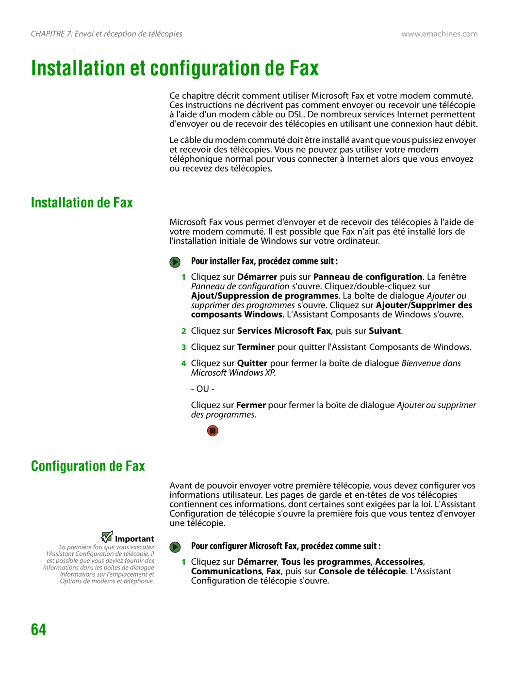 eMachines H3120 manual Installation et configuration de Fax, Installation de Fax, Configuration de Fax 