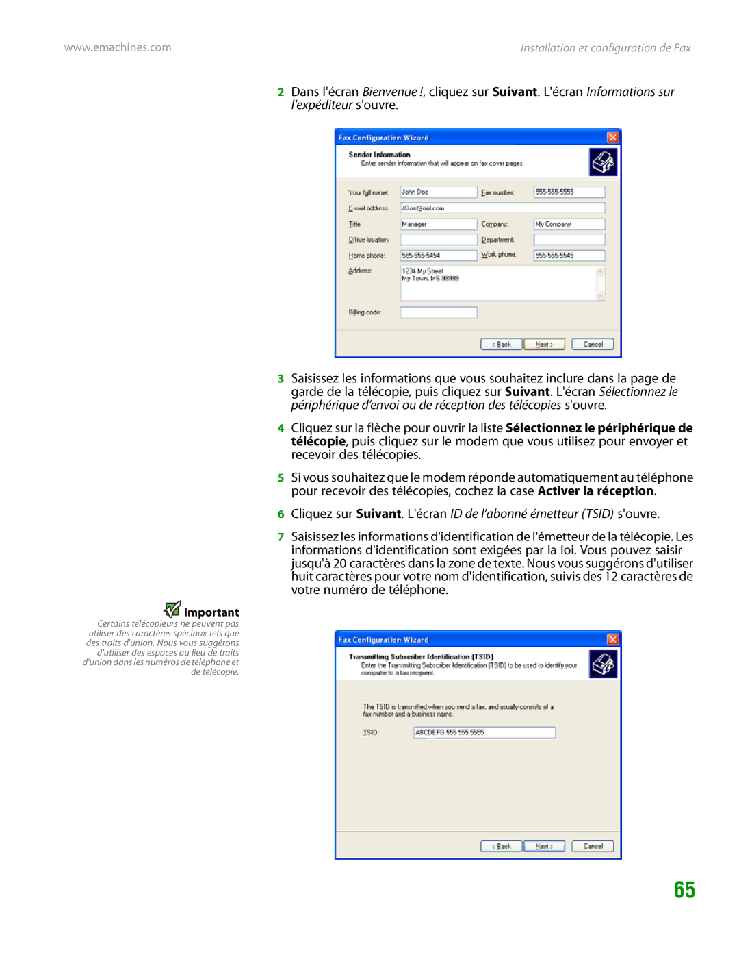 eMachines H3120 manual Installation et configuration de Fax 