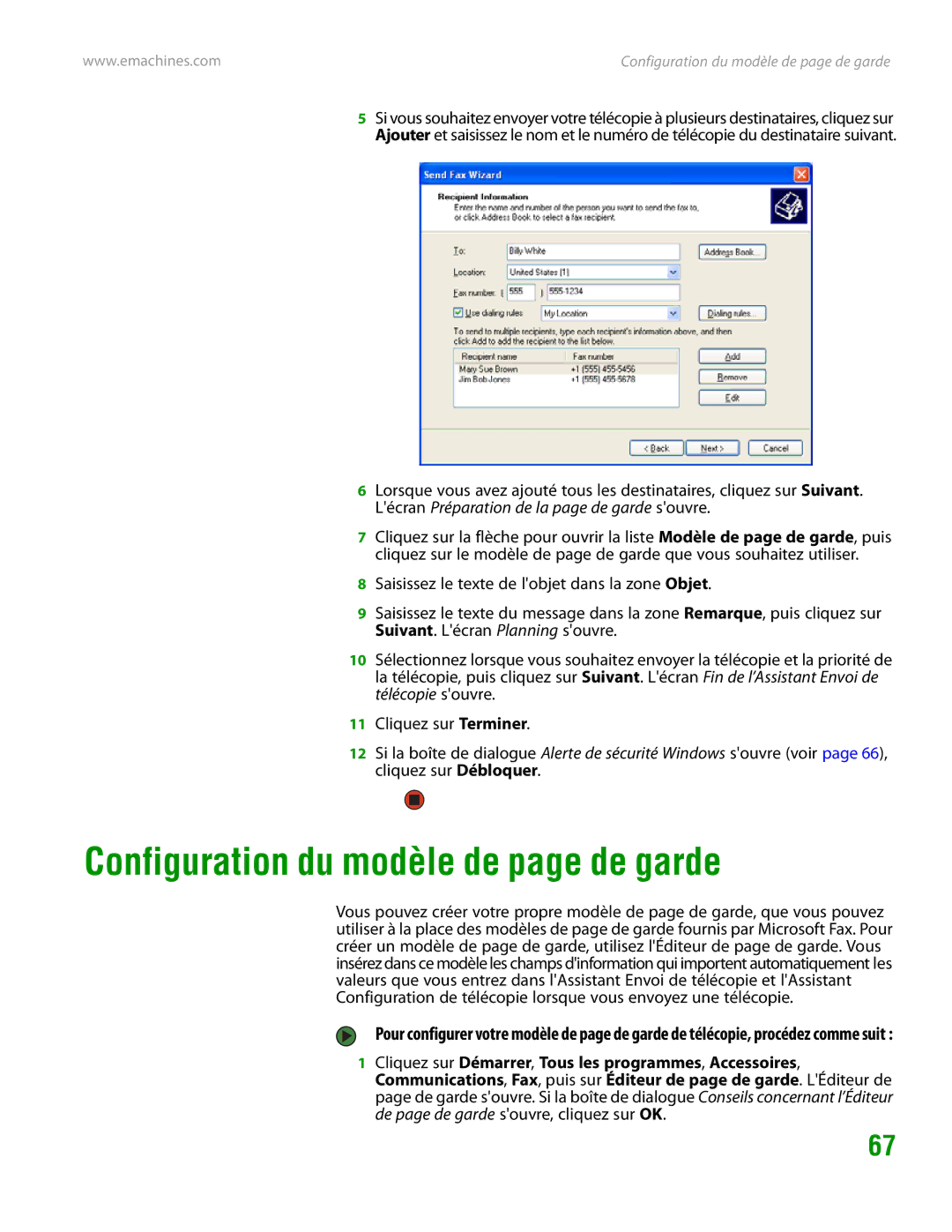 eMachines H3120 manual Configuration du modèle de page de garde 