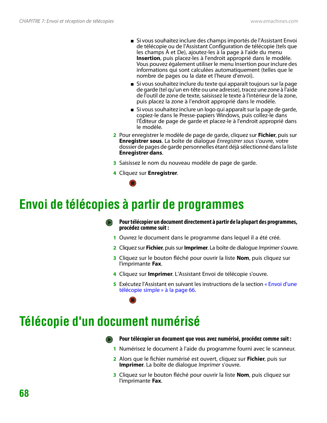 eMachines H3120 manual Envoi de télécopies à partir de programmes, Télécopie dun document numérisé 