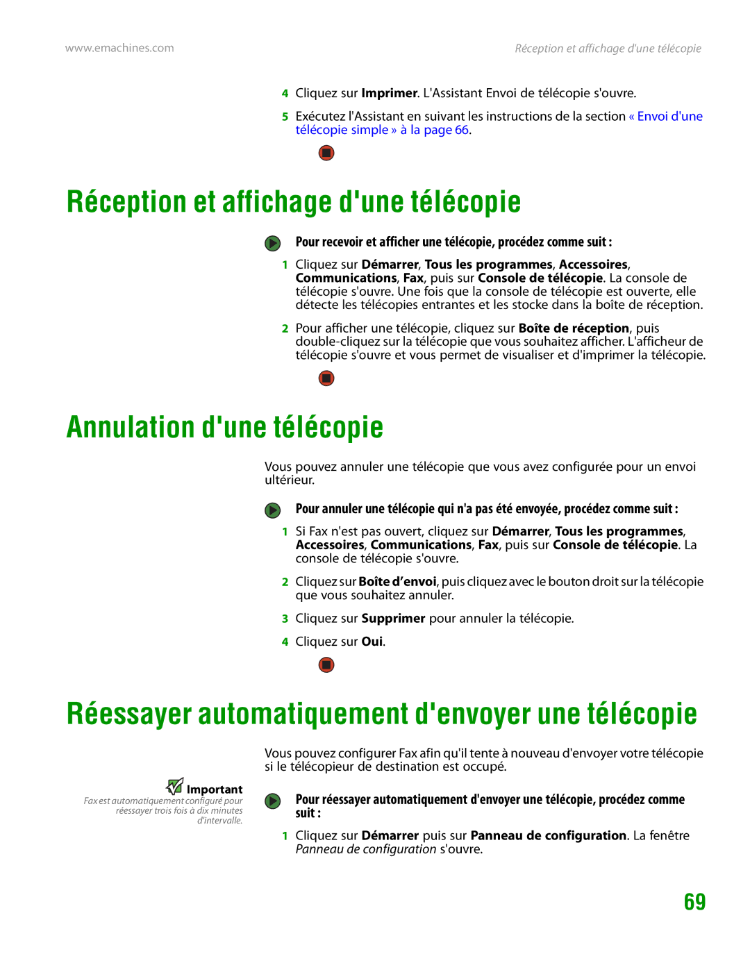 eMachines H3120 manual Réception et affichage dune télécopie, Annulation dune télécopie 