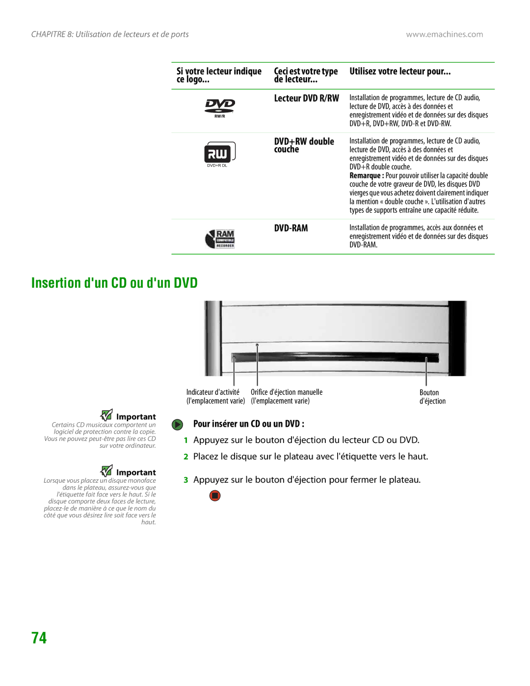 eMachines H3120 Insertion dun CD ou dun DVD, Ce logo De lecteur, Pour insérer un CD ou un DVD, Orifice déjection manuelle 