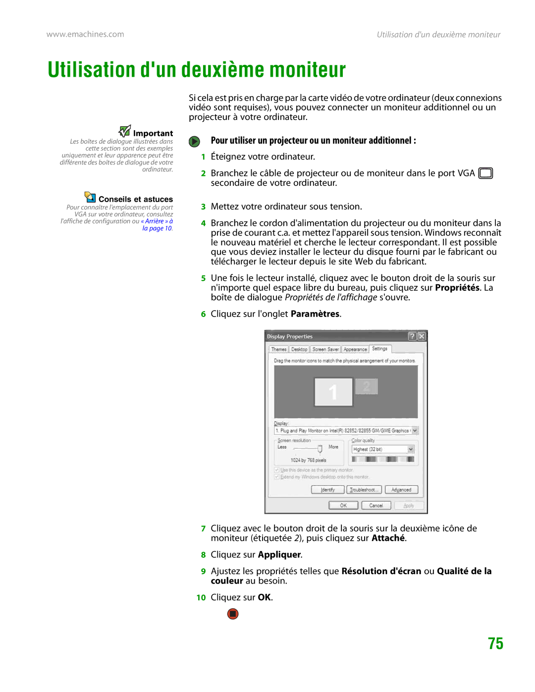 eMachines H3120 manual Utilisation dun deuxième moniteur, Pour utiliser un projecteur ou un moniteur additionnel 