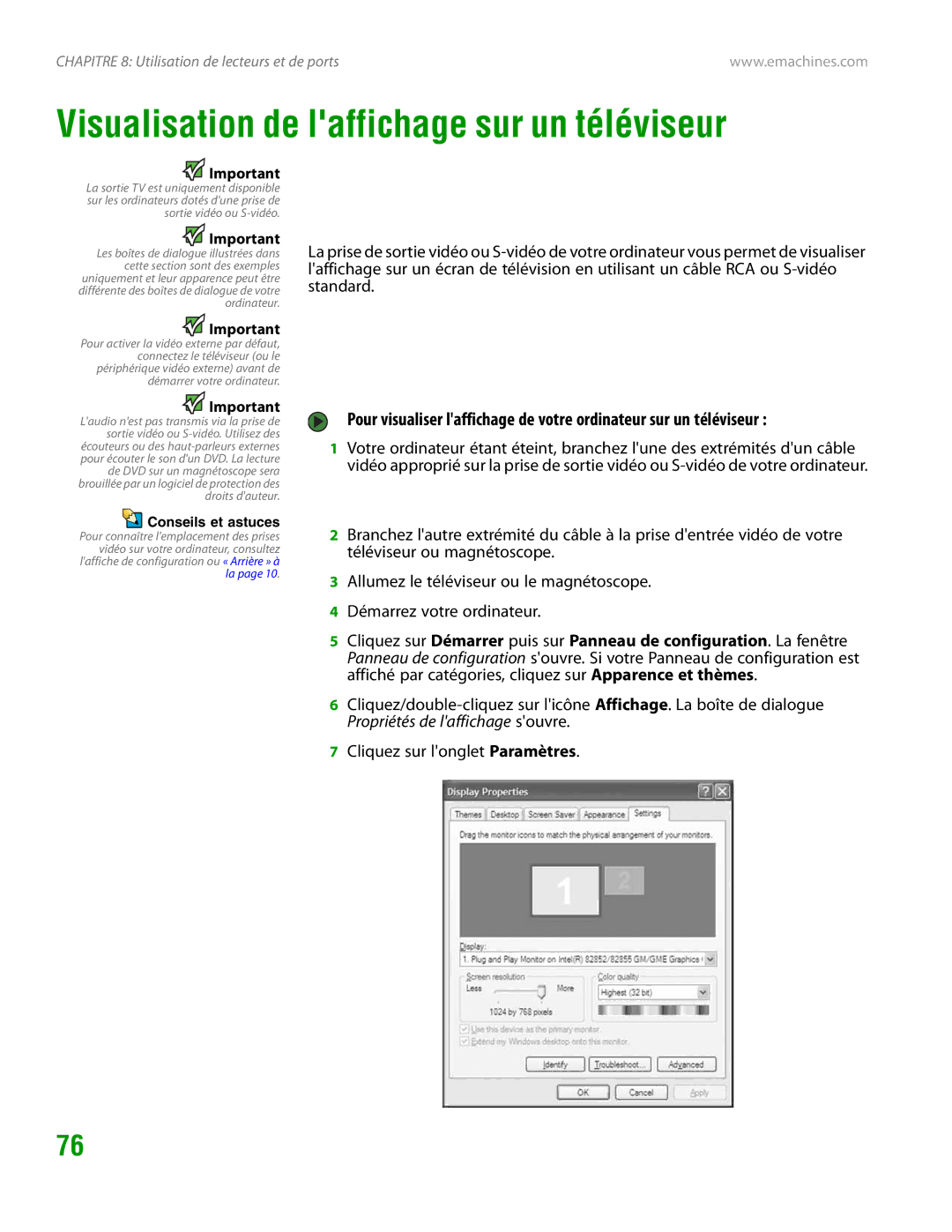 eMachines H3120 manual Visualisation de laffichage sur un téléviseur 